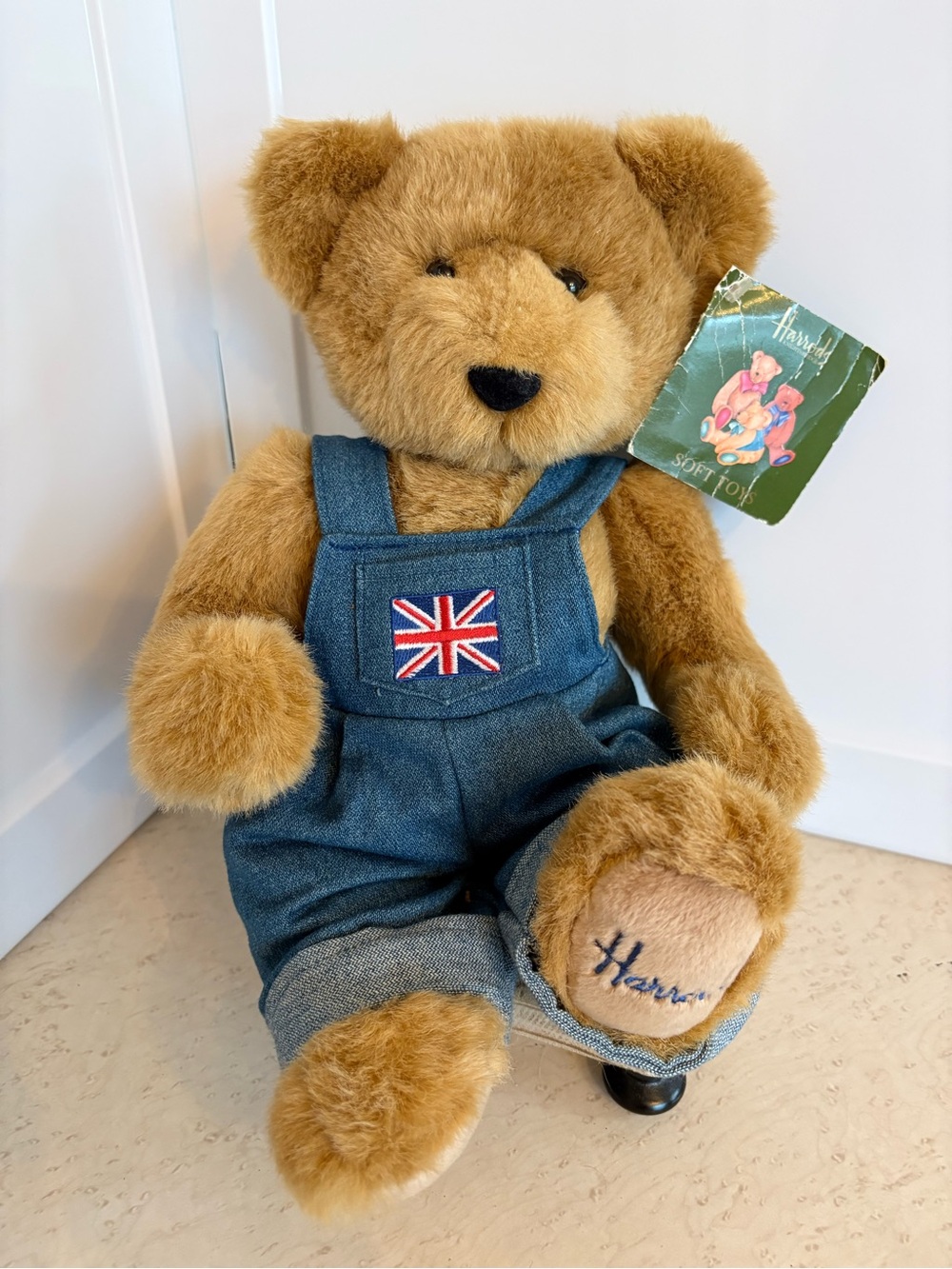 Harrods Brown Plush Bear in Blue Denim Overalls with Union Jack Patch